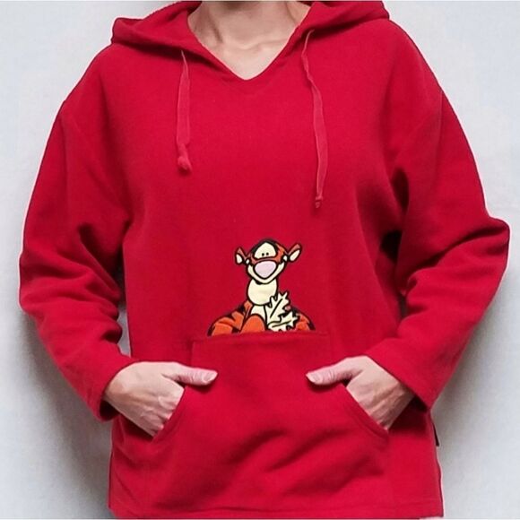 VINTAGE 90s Disney Winnie The Pooh Tigger Red Hooded Fleece Sweatshirt Medium - Picture 3 of 14
